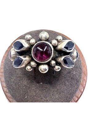 VTG Sterling Silver 925 Garnet & Iolite Bezel Set Statement Ring Size 8
